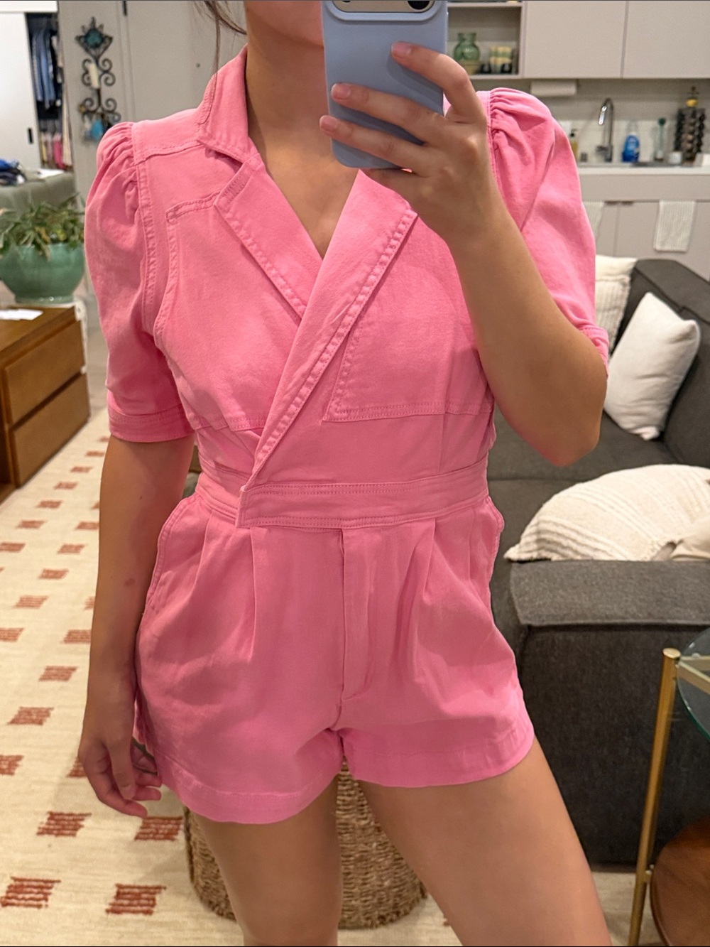 Pink Tailored Short-Sleeve Romper